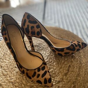 Jessica Simpson real cow-leopard print-leather D’Orsay pointy toed heeled pumps.